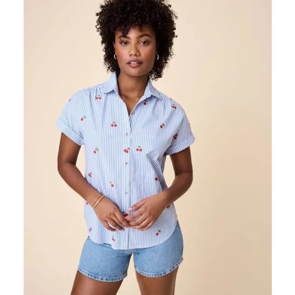 Untuckit Cherry Stripe Cotton Stretch Short
Sleeve Charlotte Shirt Size Medium